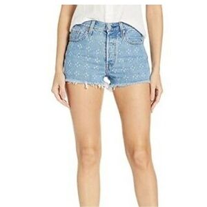 LEVIS 501 High Rise Denim Jean Shorts Size 32 Button Fly Distressed Dottie Blues